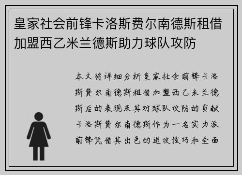 皇家社会前锋卡洛斯费尔南德斯租借加盟西乙米兰德斯助力球队攻防